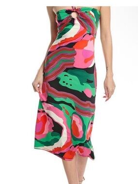 Strapless Midi Dress with Pink & Green Abstract Print